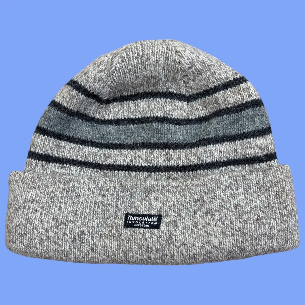 VIntage Thinsulate‎ Insulation Knit Beanie Hat Striped Marled Oatmeal Grey